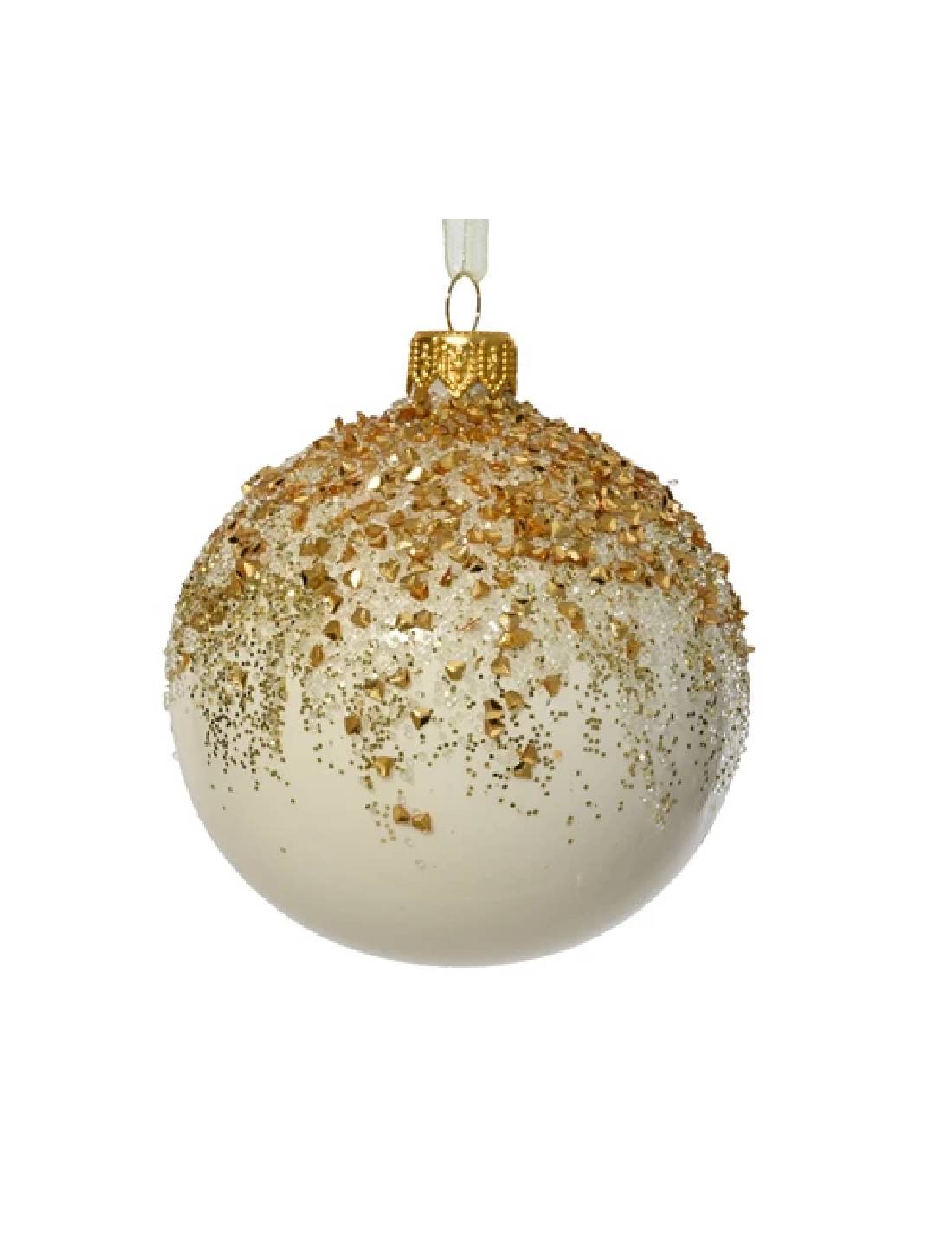 Pallina Albero Di Natale in Vetro Smaltata Bianca Con Decorazioni Oro 8cm