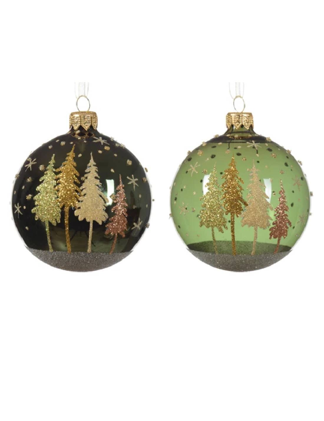 Pallina Albero Di Natale In Vetro Verde Con Alberi Oro 8cm Prodotto Assortito
