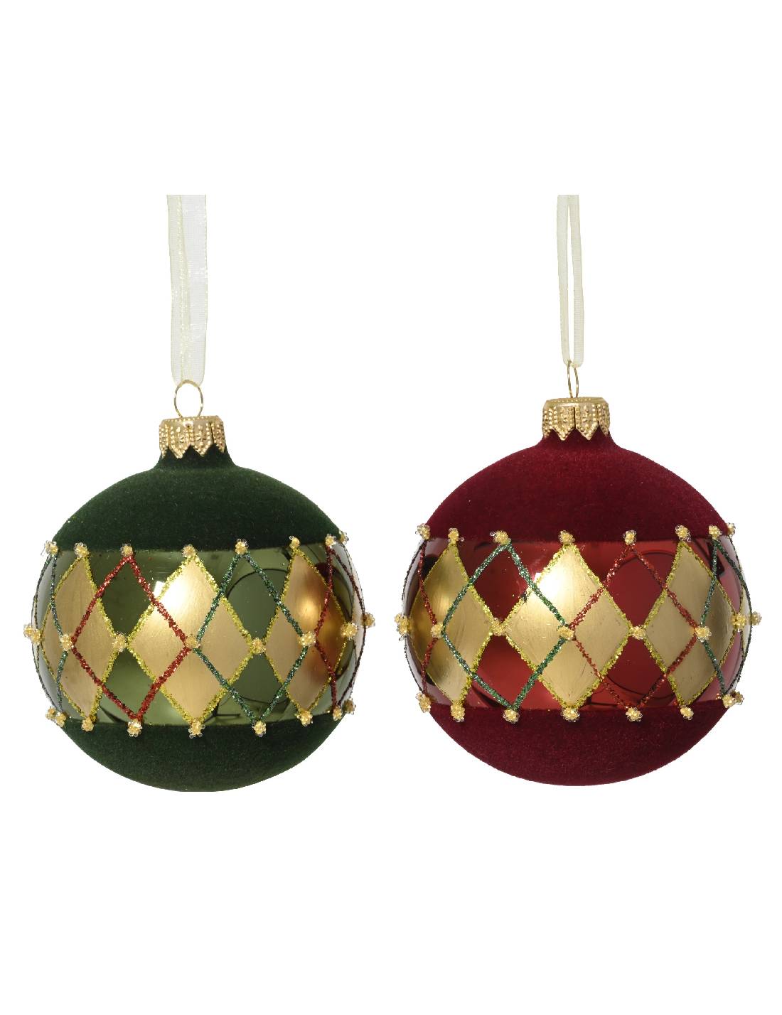 Pallina Albero Di Natale In Vetro A Quadri Vellutata 8cm