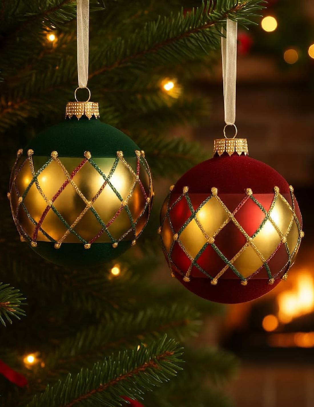 Pallina Albero Di Natale In Vetro A Quadri Vellutata 8cm