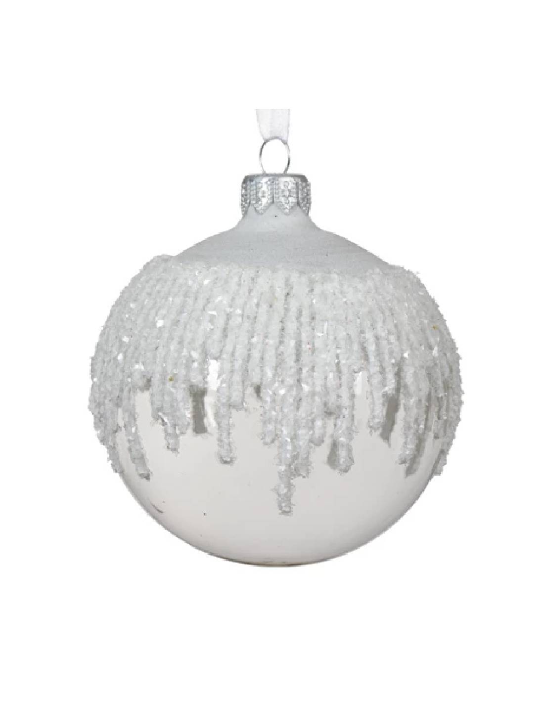 Pallina Albero Di Natale In Vetro Bianca Glitter d8cm