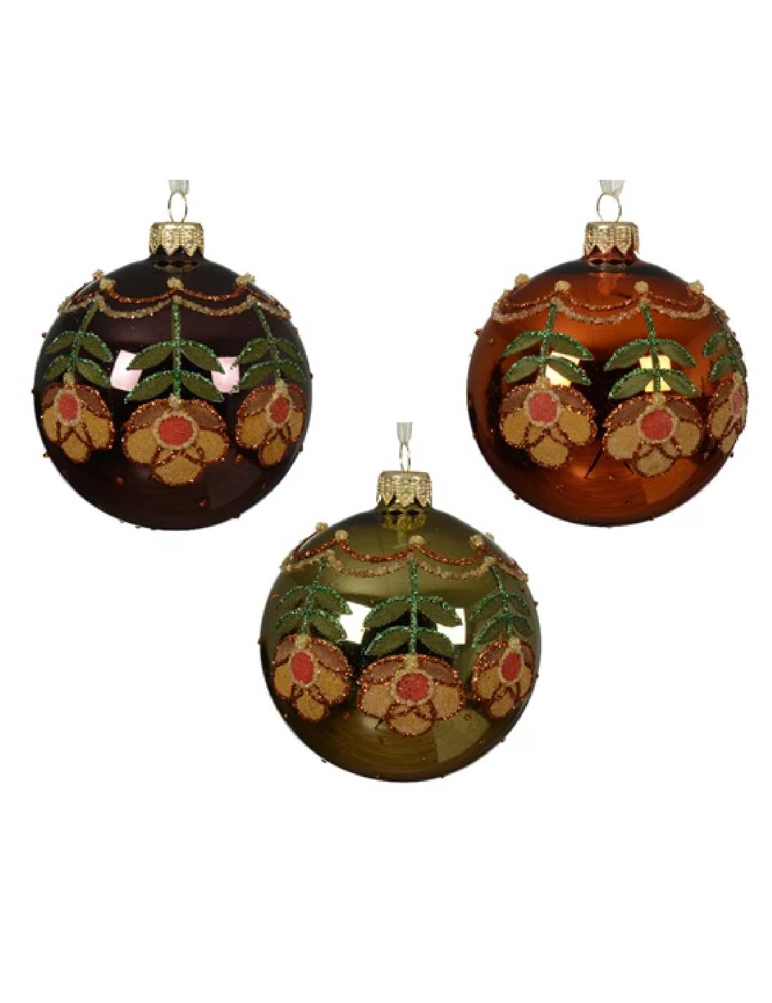 Pallina Albero Di Natale In Vetro Fiori Retrò 8cm Prodotto Assortito