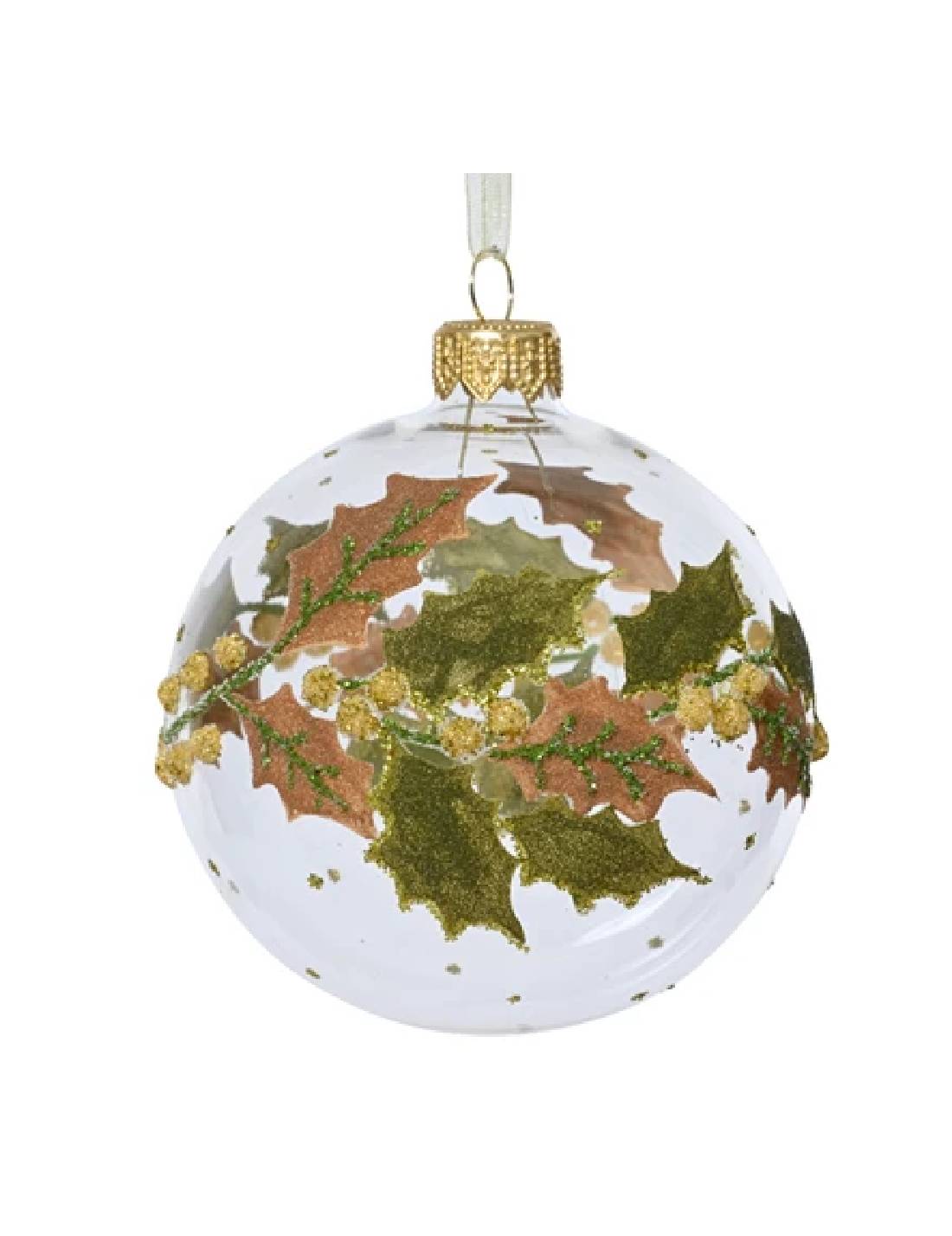 Pallina Albero Di Natale In Vetro Trasparente Agrifoglio d8cm