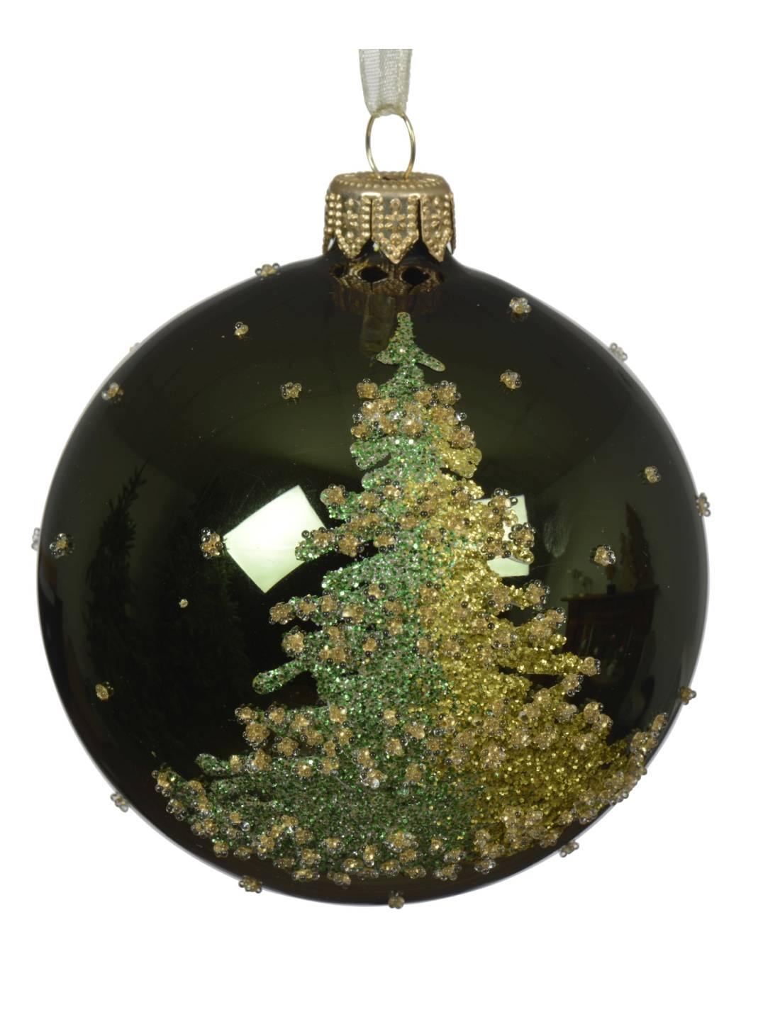 Pallina Albero Di Natale In Vetro Verde Con Albero 8cm