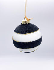 Pallina Albero Di Natale In Vetro Bianca E Nera A Strisce Con Glitter 8cm
