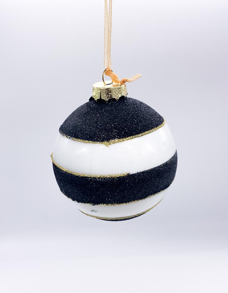 Pallina Albero Di Natale In Vetro Bianca E Nera A Strisce Con Glitter 8cm