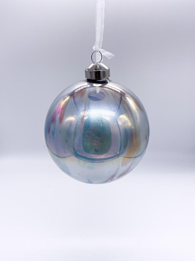 Pallina Albero Di Natale In Vetro Argento Iridescente 10cm