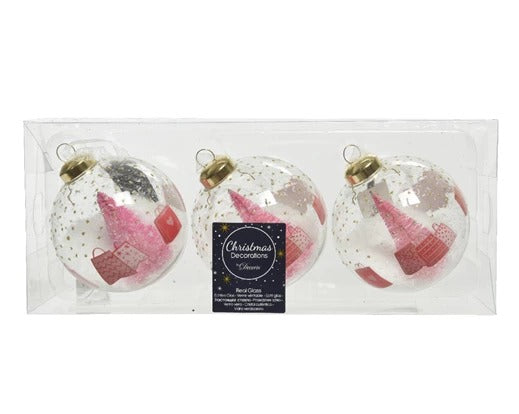 Pallina Albero Di Natale in Vetro Trasparente Con Albero Rosa E Neve 8cm