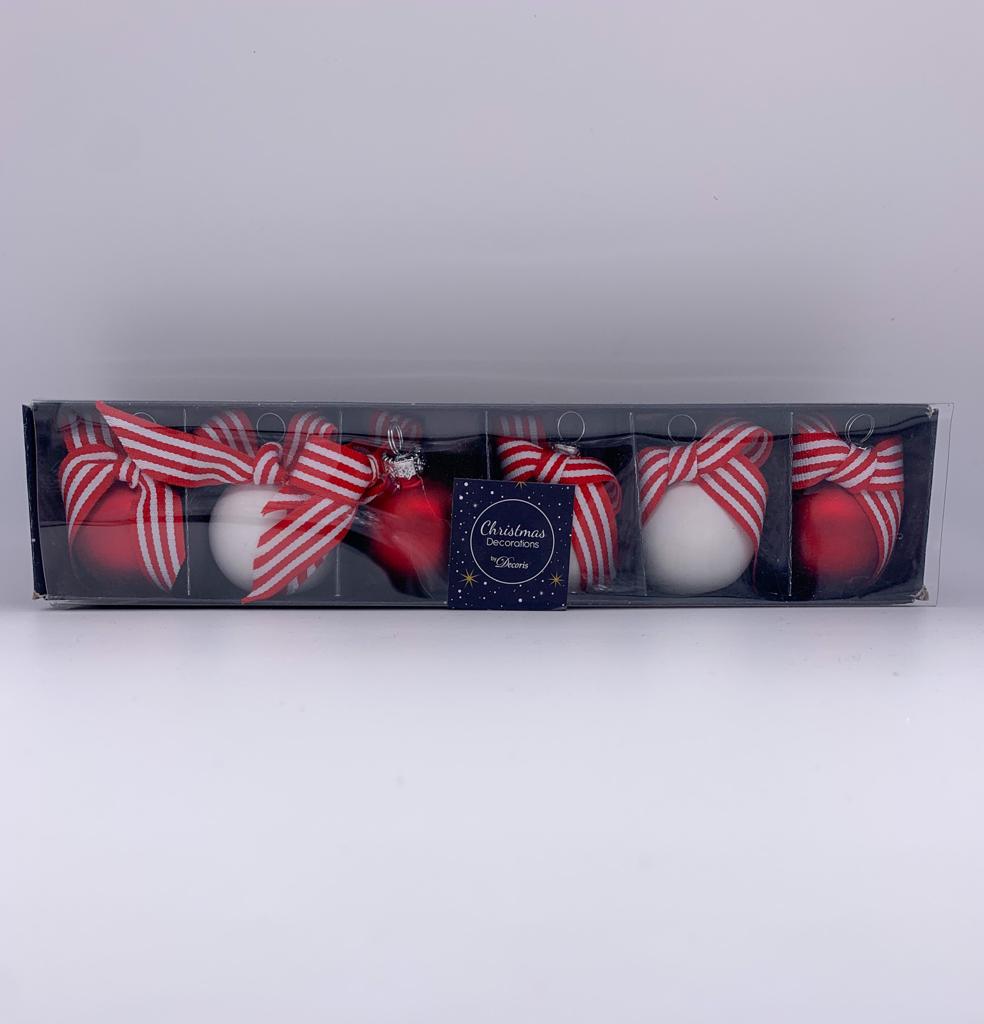 Palline Albero Di Natale In Vetro Rosso E Bianco Con Fiocco 4CM 6PZ