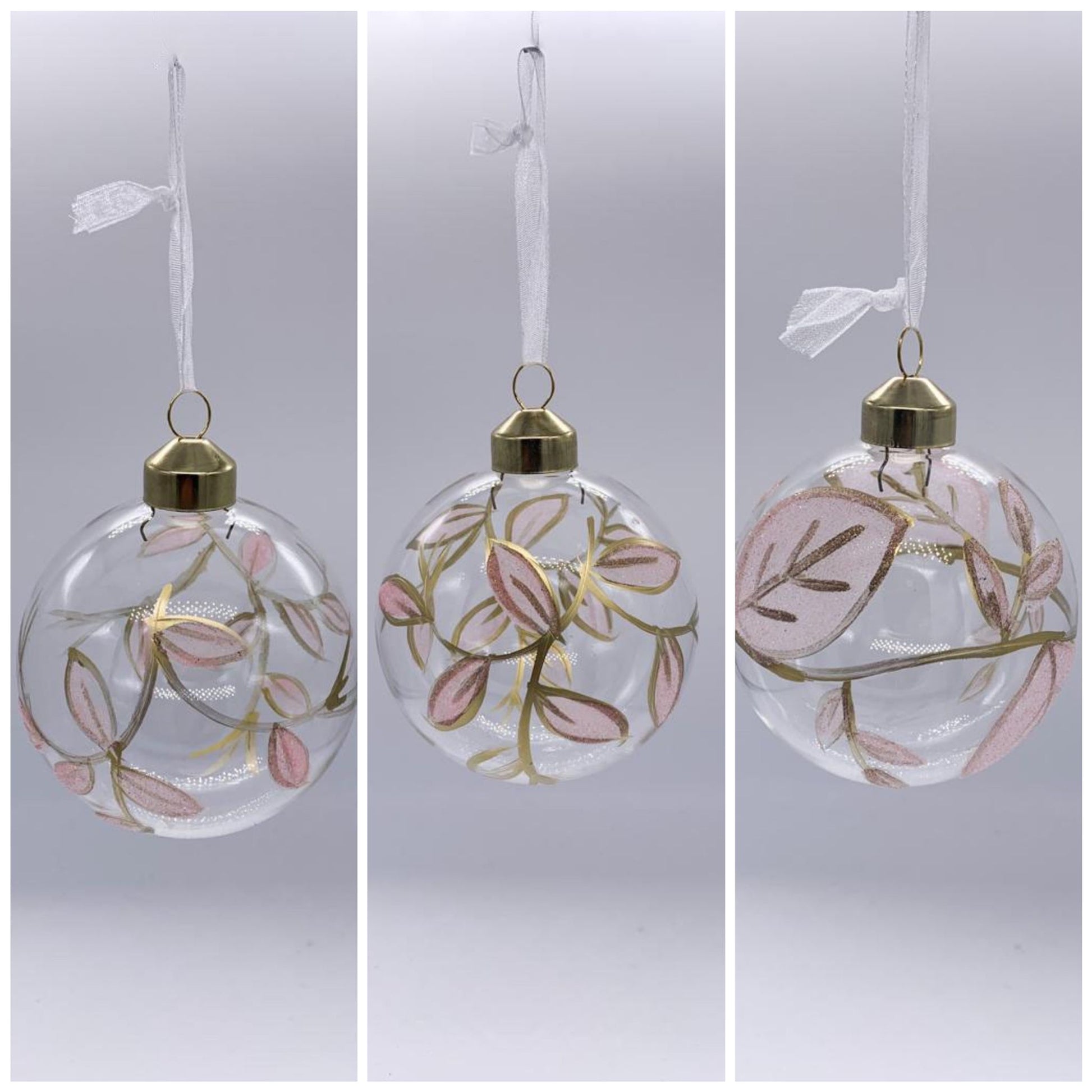 Pallina Albero Di Natale In Vetro Trasparente Decorata Con Foglie 8cm