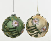 Pallina Albero Di Natale In Vetro Verde Con Fiori Ricamati 10cm