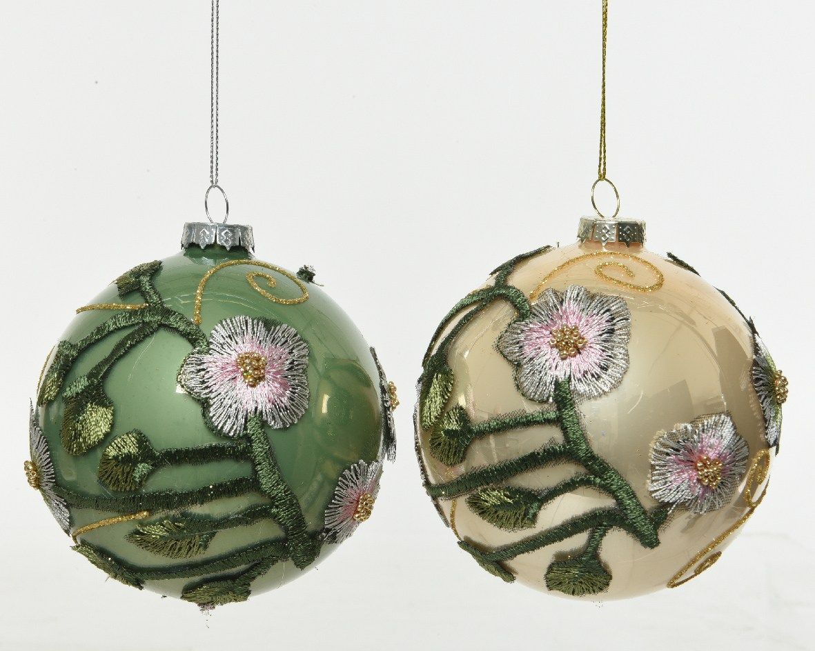 Pallina Albero Di Natale In Vetro Verde Con Fiori Ricamati 10cm