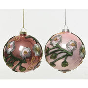Pallina Albero Di Natale In Vetro Rosa Con Fiori Ricamati 10cm