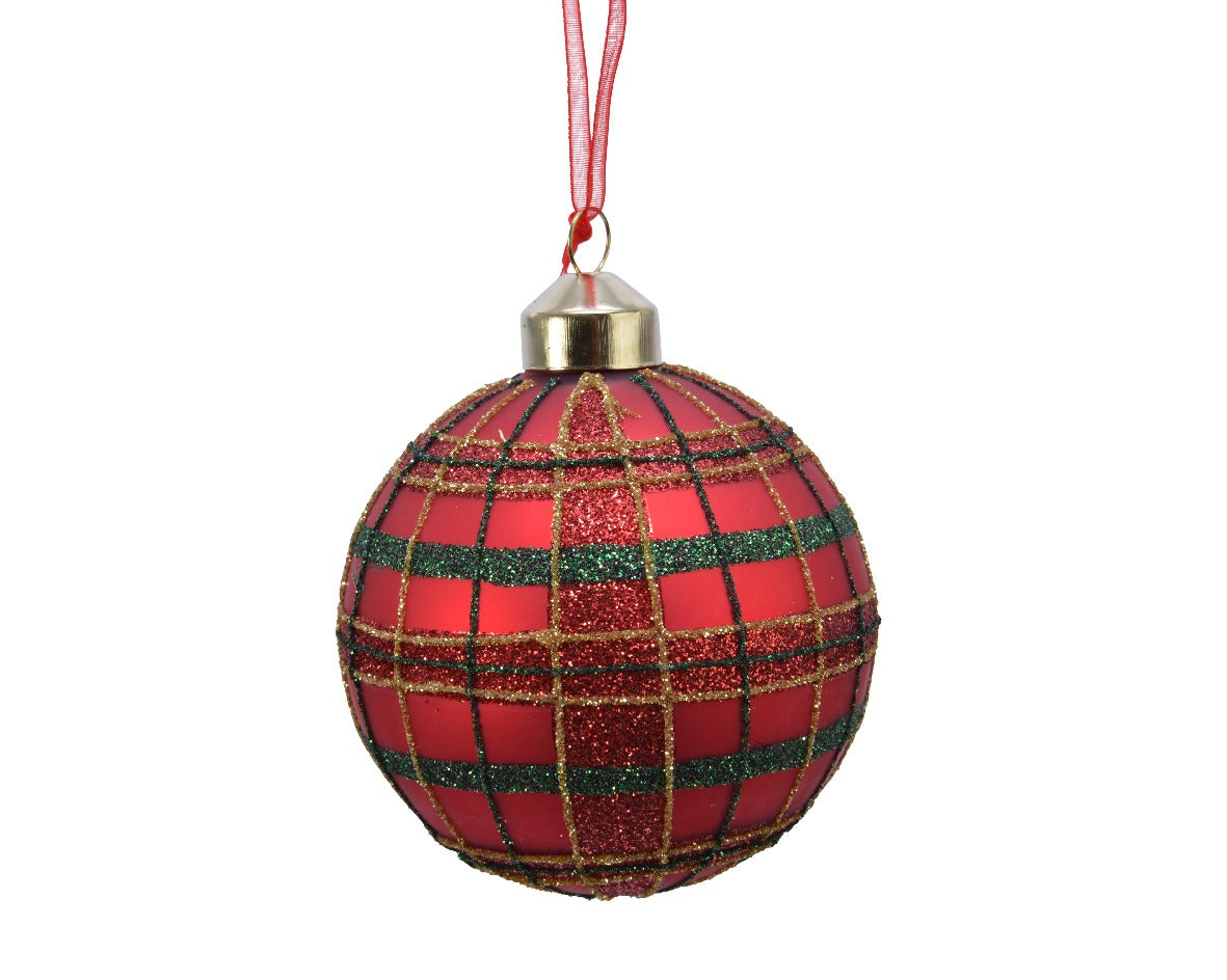 Pallina Albero Di Natale In Vetro A Scacchi Rossi E Verdi Con Glitter 8cm