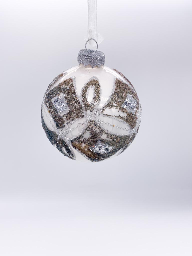 Pallina Albero Di Natale In Vetro Argento Con Decorazione Glitter 8cm