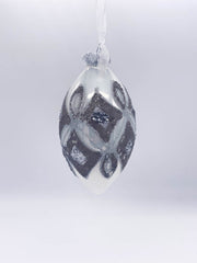 Pallina Albero Di Natale In Vetro Forma Ovale Argento Decorata 15cm