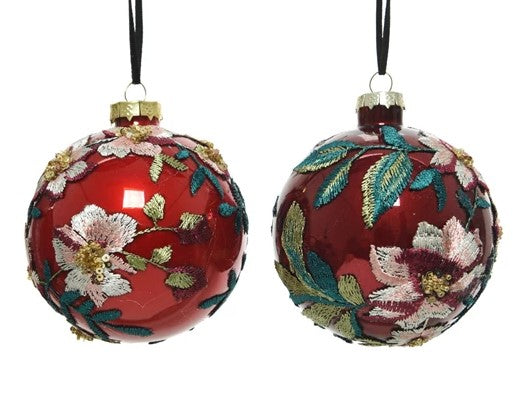 Pallina Albero Di Natale In Vetro Rosso Chiaro/Scuro Con Fiori Prodotto Assortito