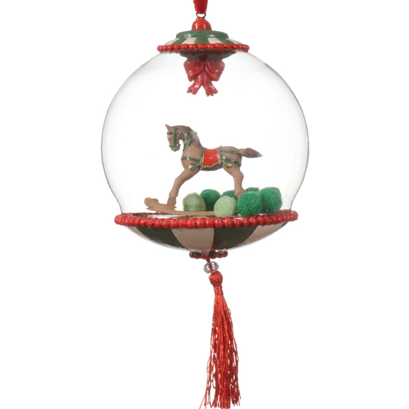 Addobbo Albero Di Natale In Vetro Pallina Con Cavalluccio A Dondolo 12cm