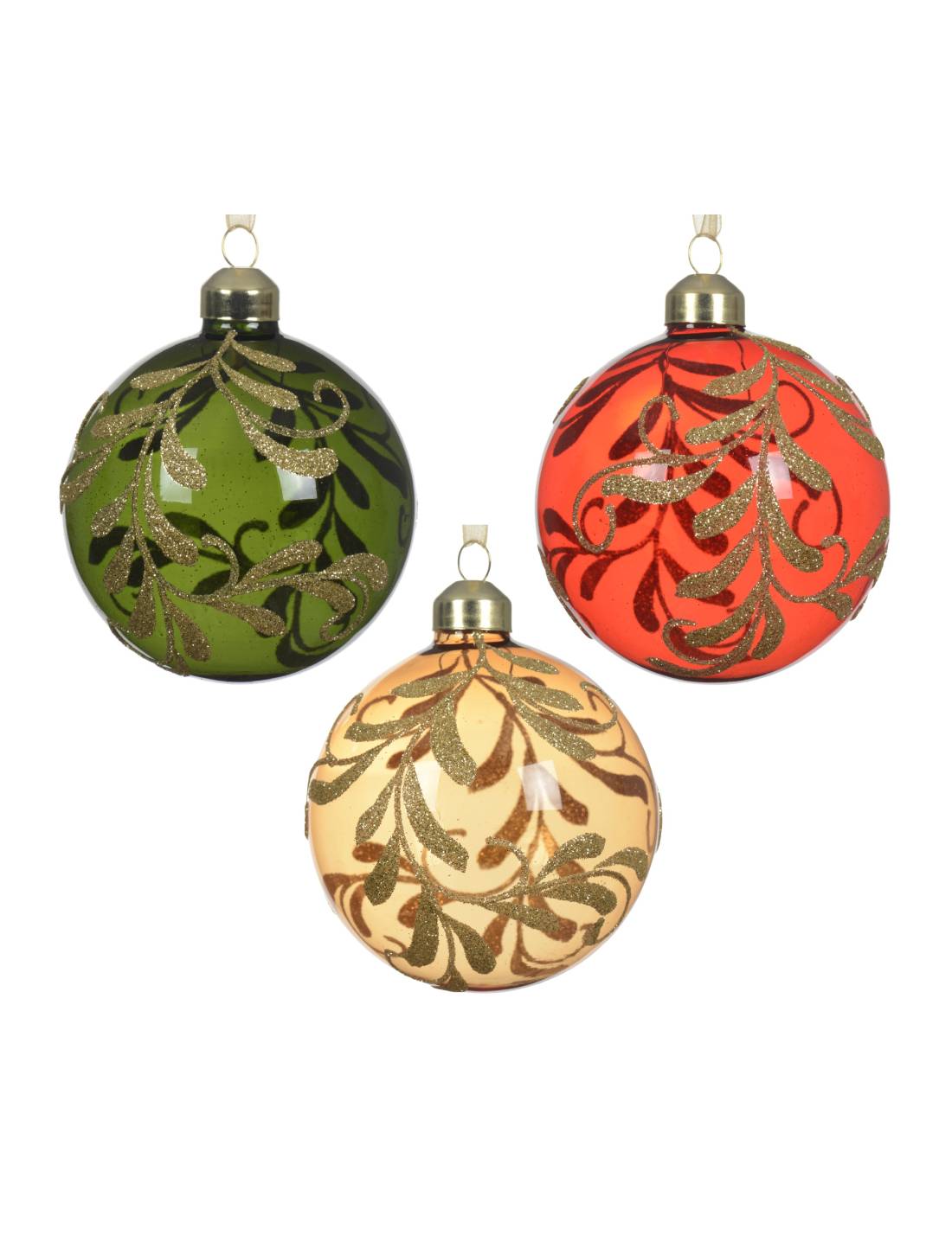 Pallina Albero Di Natale In Vetro Foglie Glitterate 8cm