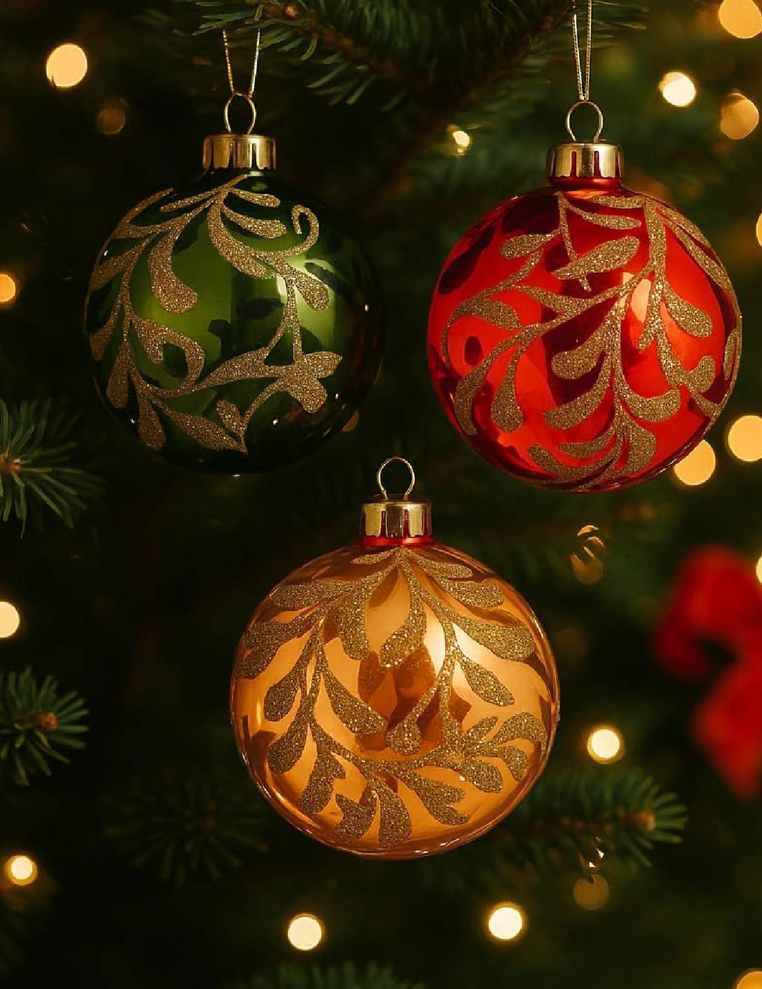 Pallina Albero Di Natale In Vetro Foglie Glitterate 8cm