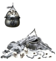 Set Decorativo Halloween Con Calderone, 3 Teschi, Ragnatela Con Ragno, Catena E Tessuto Spaventoso