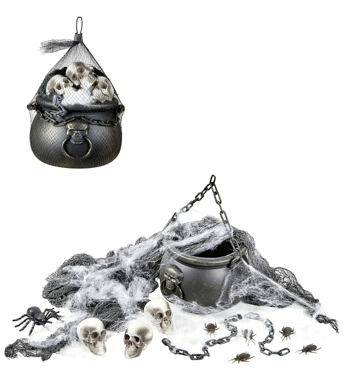 Set Decorativo Halloween Con Calderone, 3 Teschi, Ragnatela Con Ragno, Catena E Tessuto Spaventoso
