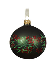 Pallina Albero Di Natale In Vetro Verde Opaca Con Rami E Bacche 8cm