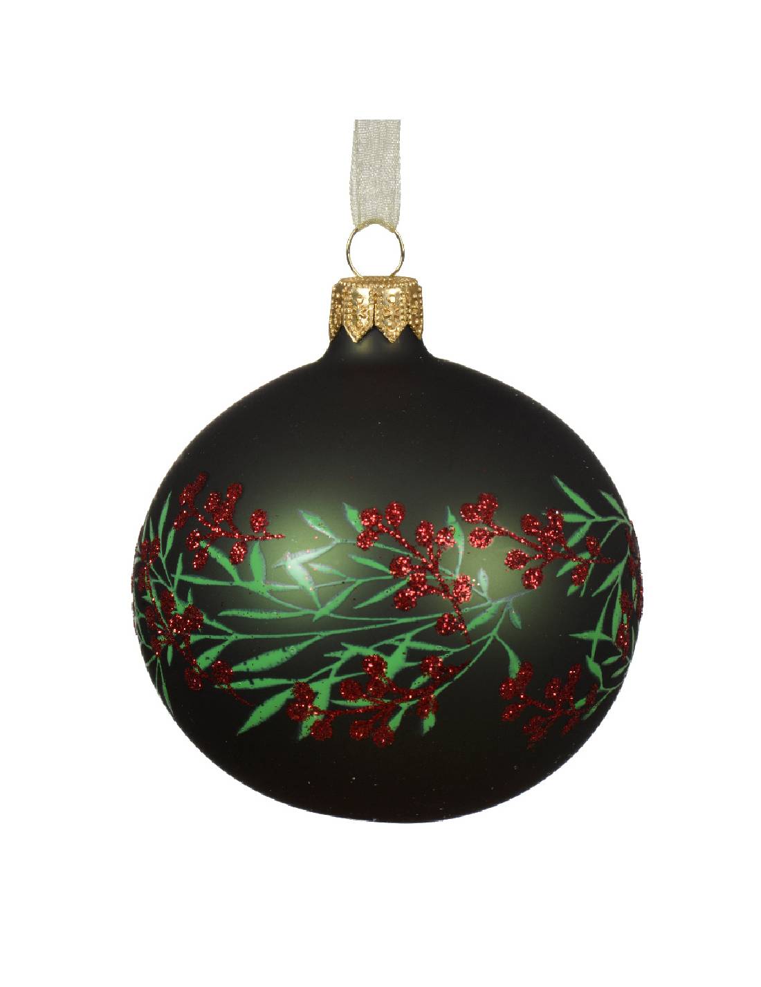 Pallina Albero Di Natale In Vetro Verde Opaca Con Rami E Bacche 8cm