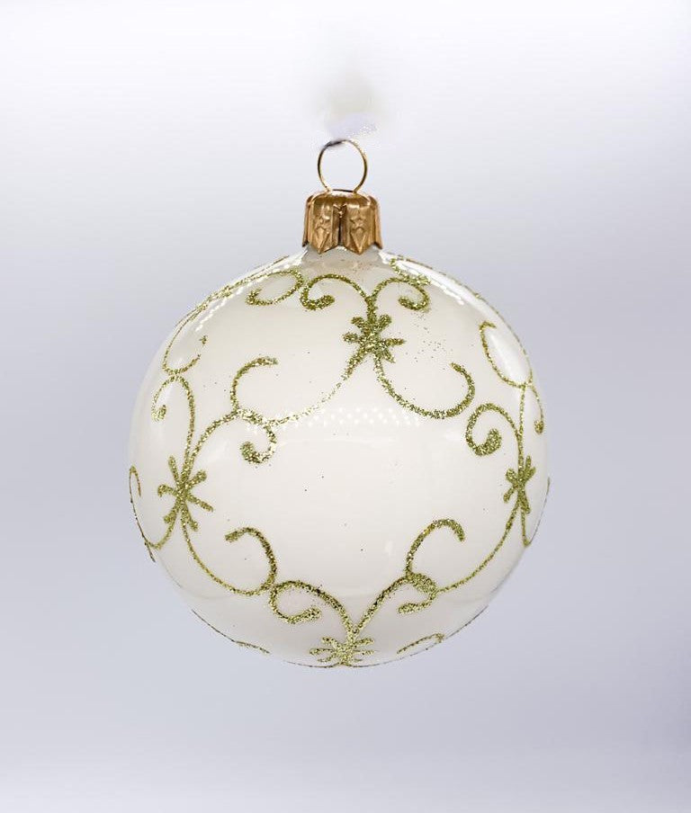 Pallina Albero Di Natale In Vetro Bianco Con Decorazione Oro Glitter 8cm