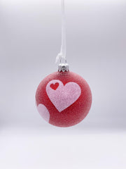 Pallina Albero Di Natale in Vetro Rossa Con Cuori E Glitter 8cm