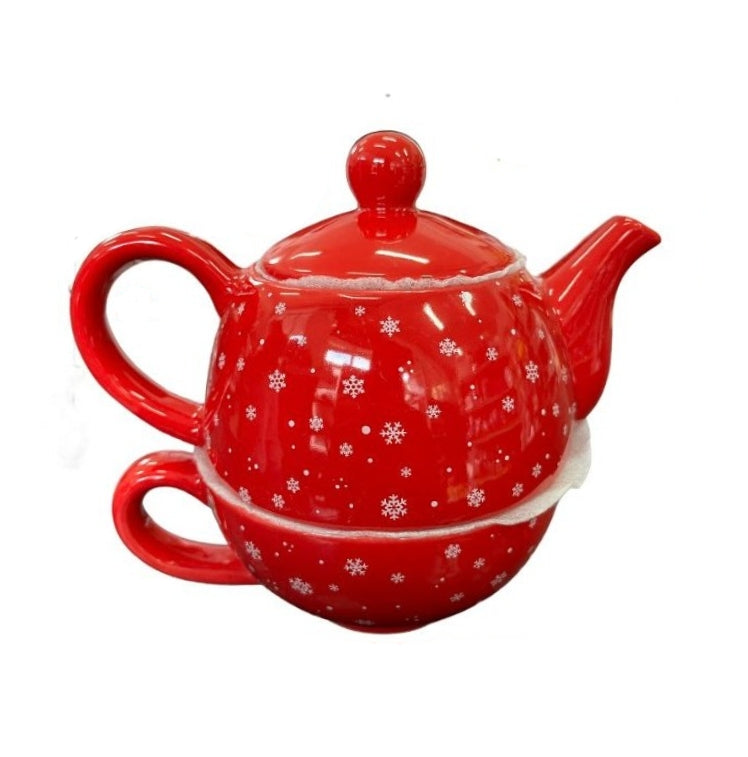 Set Teiera E Tazza Rossa Con Fiocchi Di Neve