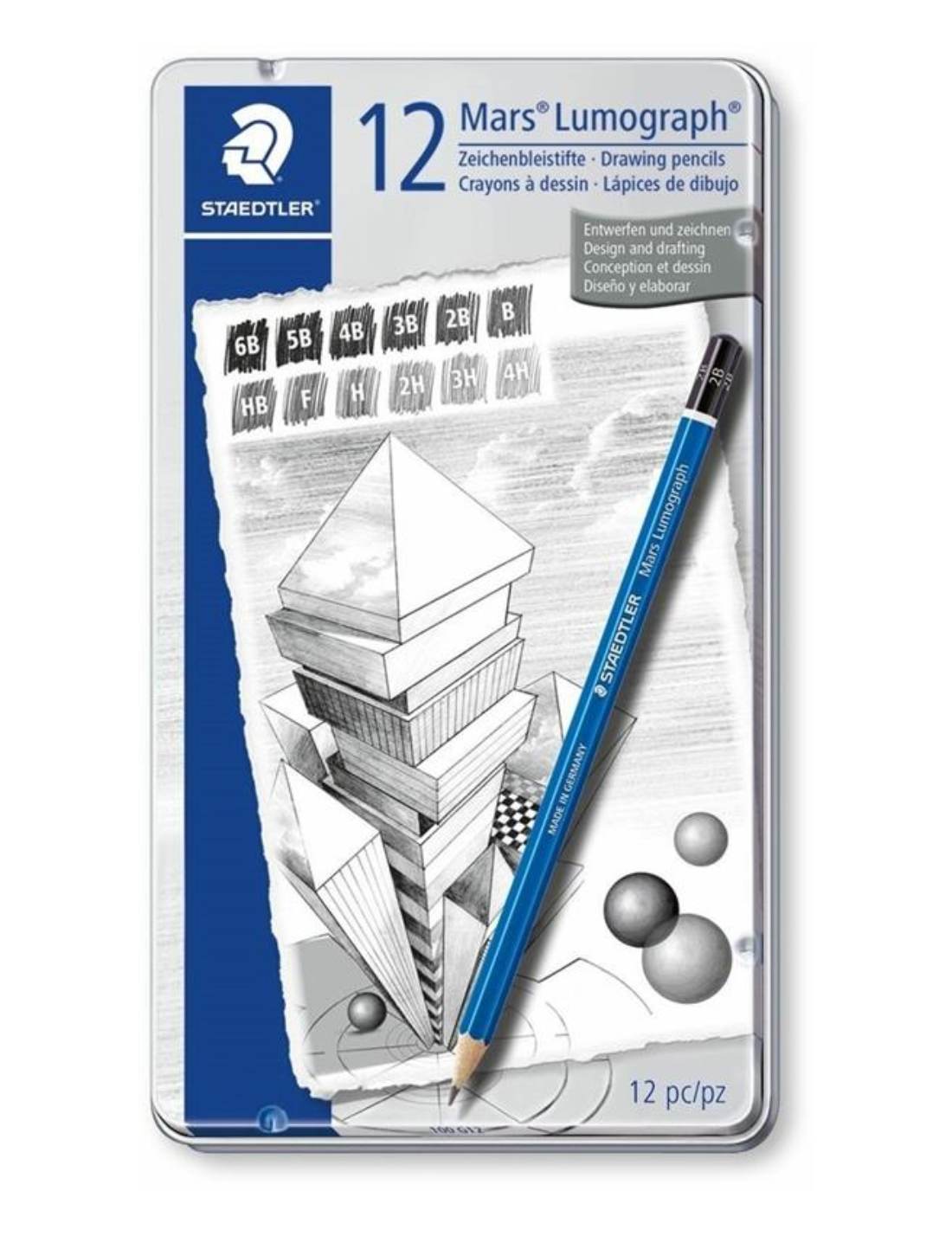 Scatola In Metallo Matite Staedtler Mars Lumograph Gradazioni Medie 12pz
