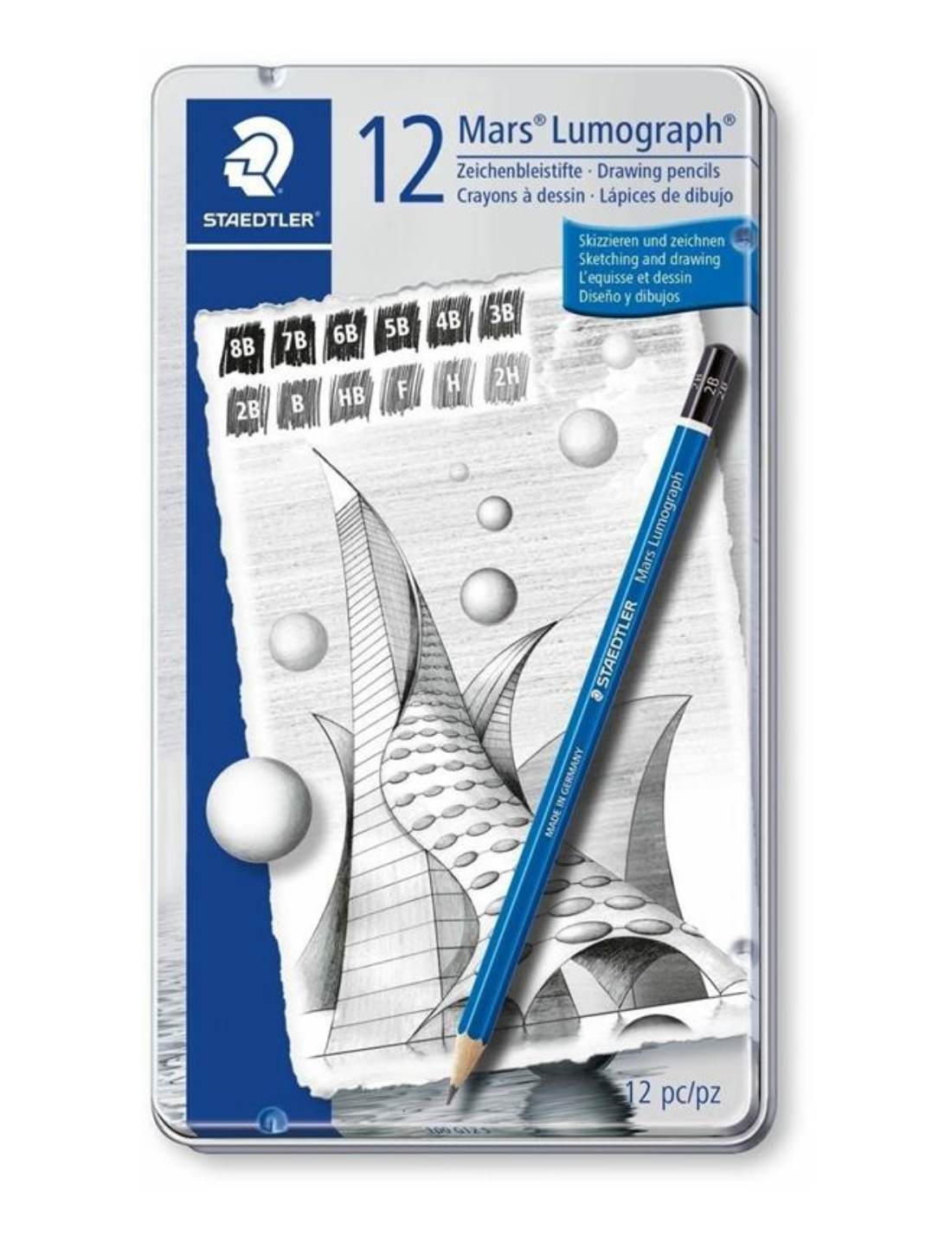 Scatola In Metallo Matite Staedtler Mars Lumograph Gradazioni Morbide 12pz