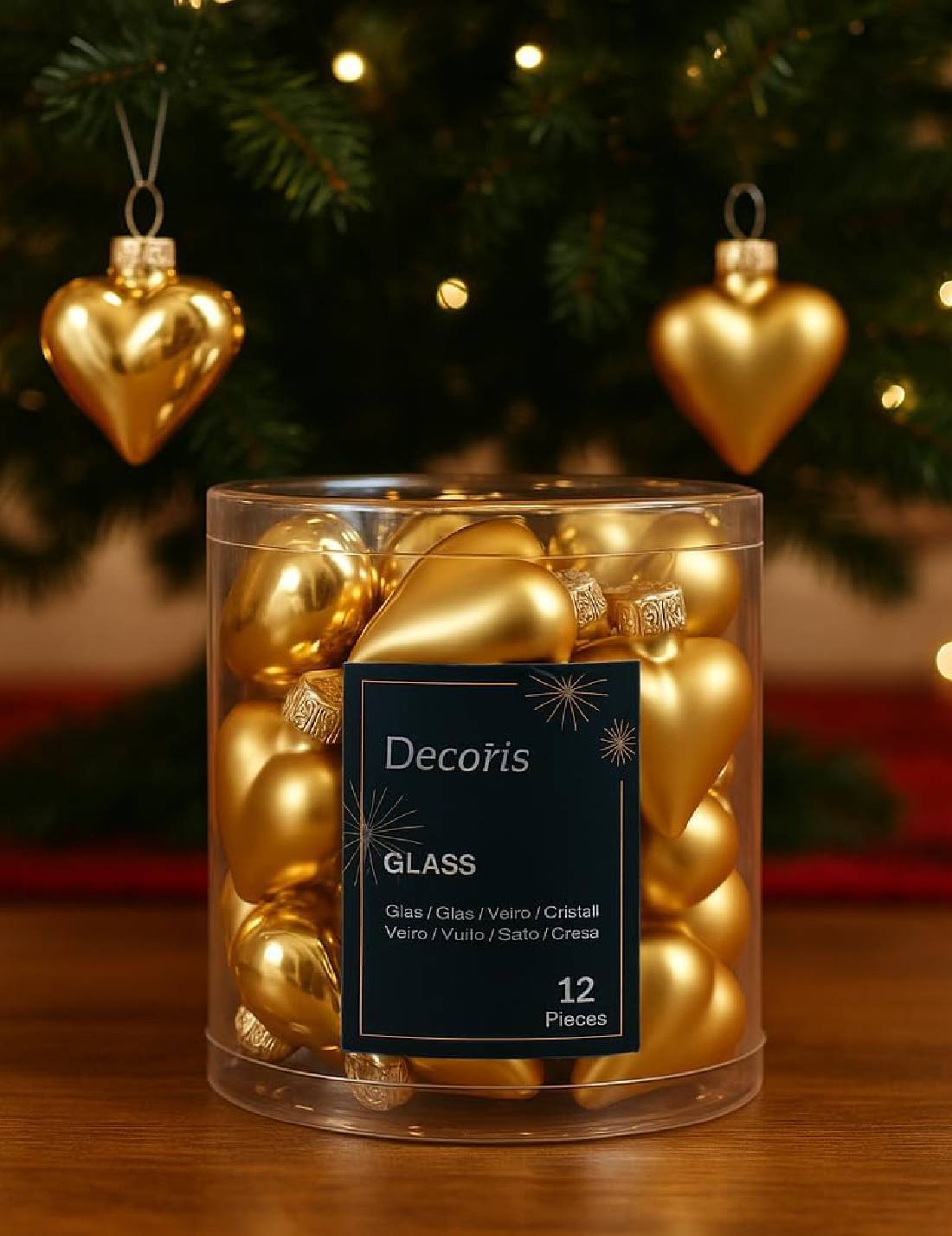 Set 12pz Palline Albero Di Natale Cuore Oro 4cm