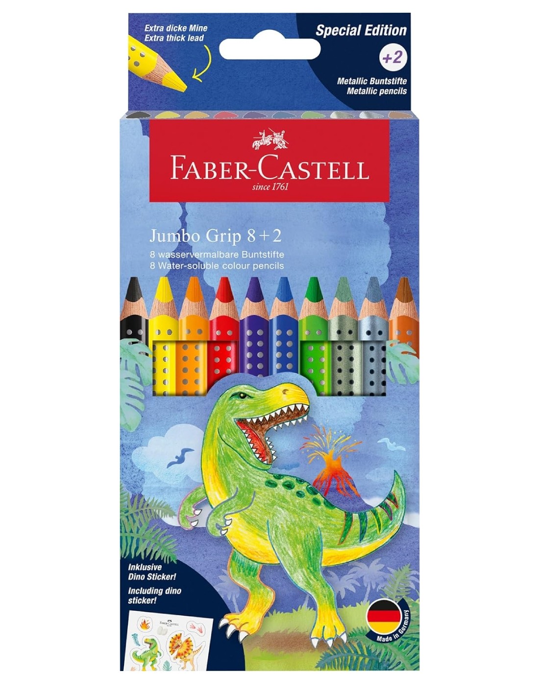 FaberCastell Pastelli 10 Matite Colorate Jumbo Edizione Dinosauro
