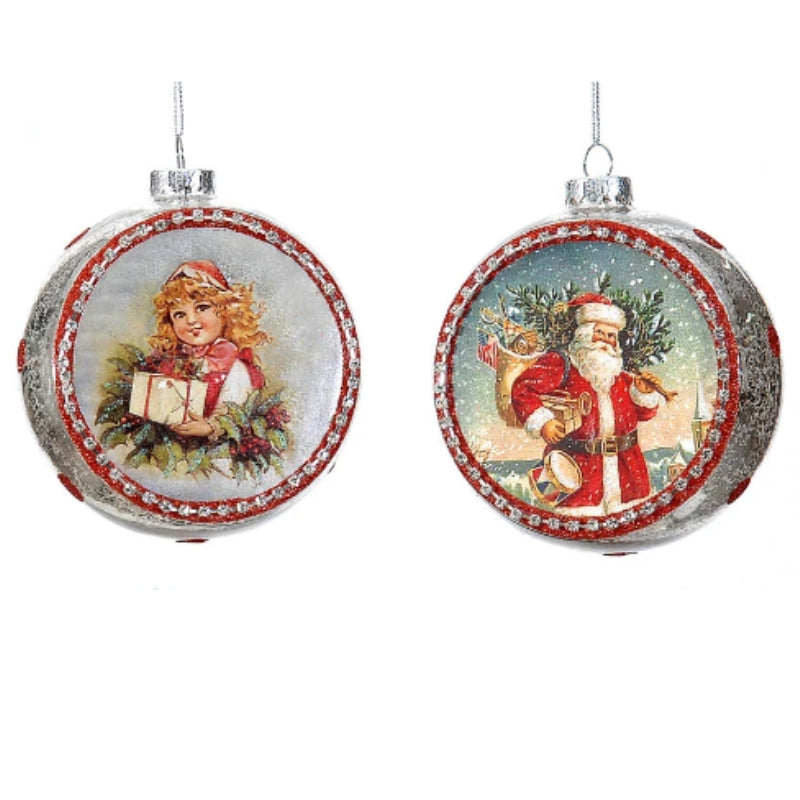 Pallina Albero Di Natale In Vetro Argentato Con Babbo Natale E Bambina 14cm Assortito