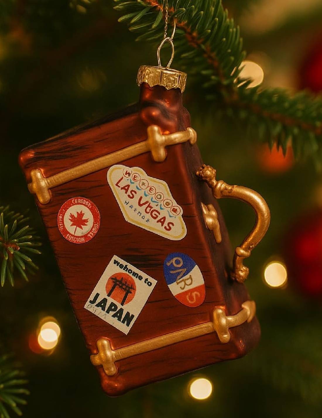 Addobbo Albero Di Natale In Vetro Valigia Con Stickers 12cm