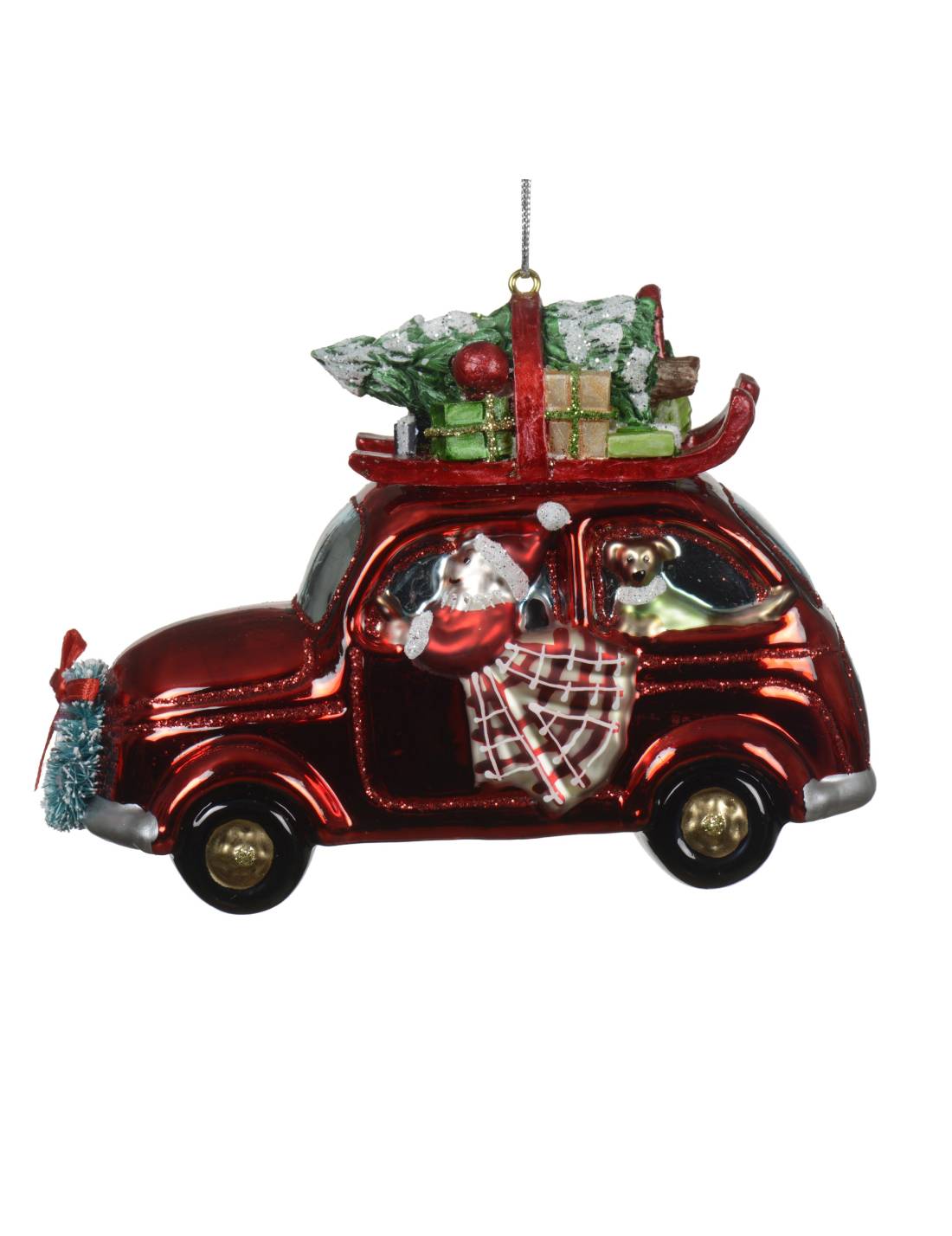 Addobbo Albero Di Natale In Vetro Macchina Rossa Con Babbo Natale 12cm