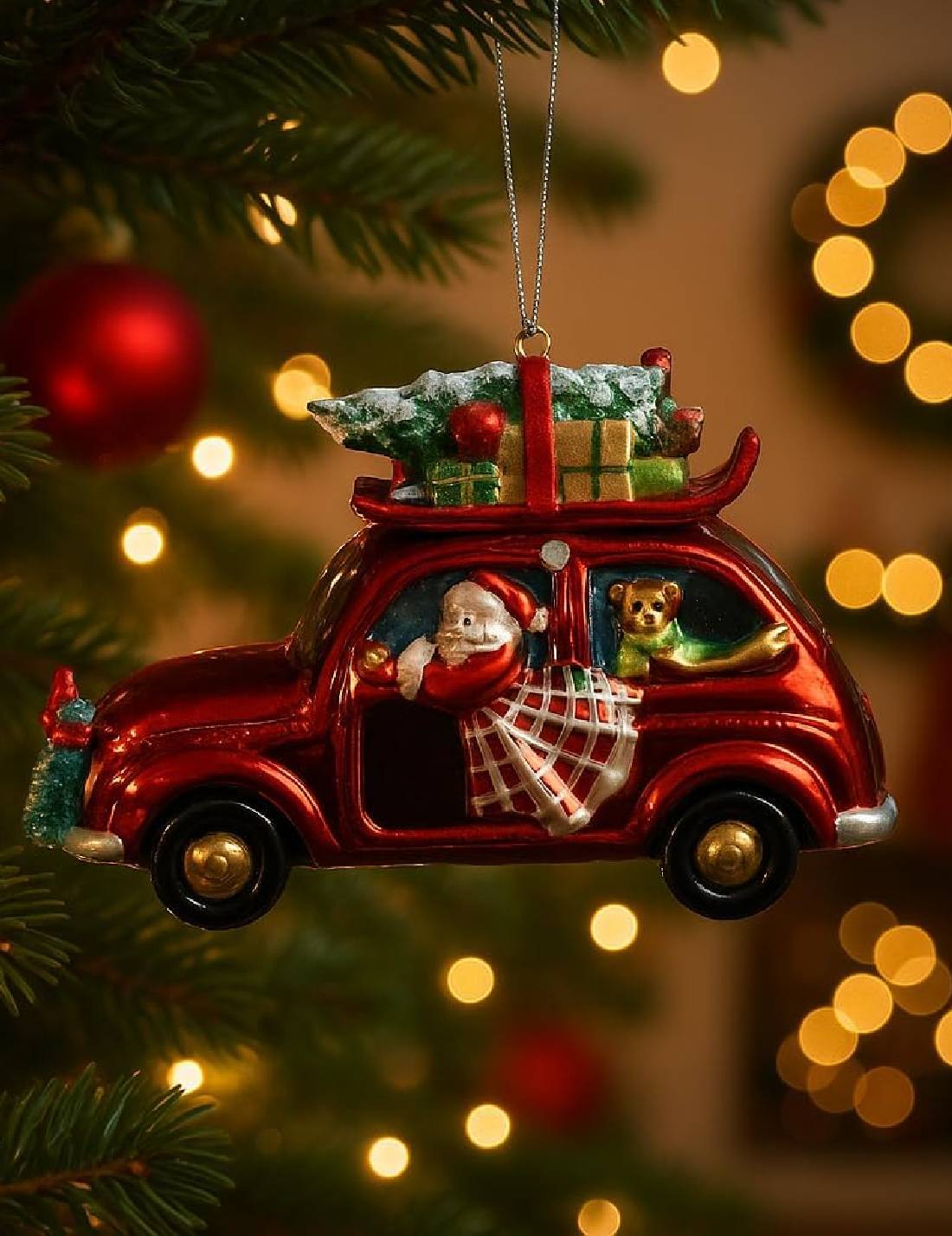 Addobbo Albero Di Natale In Vetro Macchina Rossa Con Babbo Natale 12cm