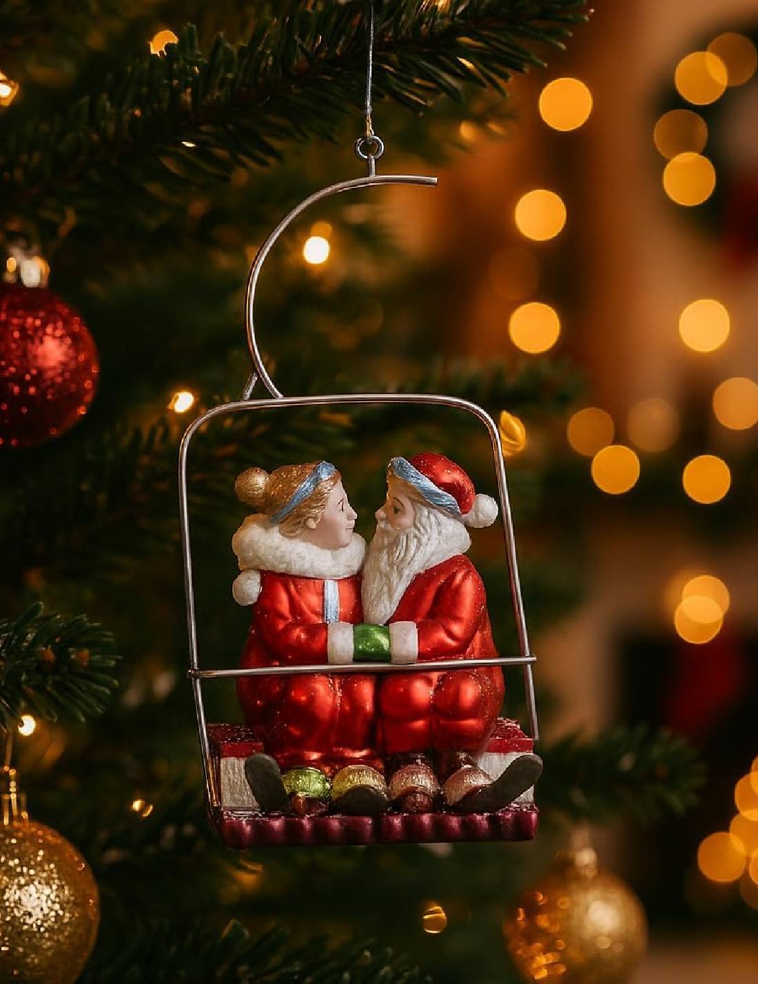 Addobbo Albero Di Natale In Vetro Babbo E Mamma Natale In Funivia 22cm