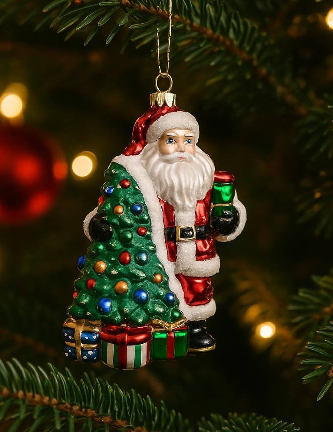 Addobbo Albero Di Natale In Vetro Babbo Natale Con Albero E Regali 17cm