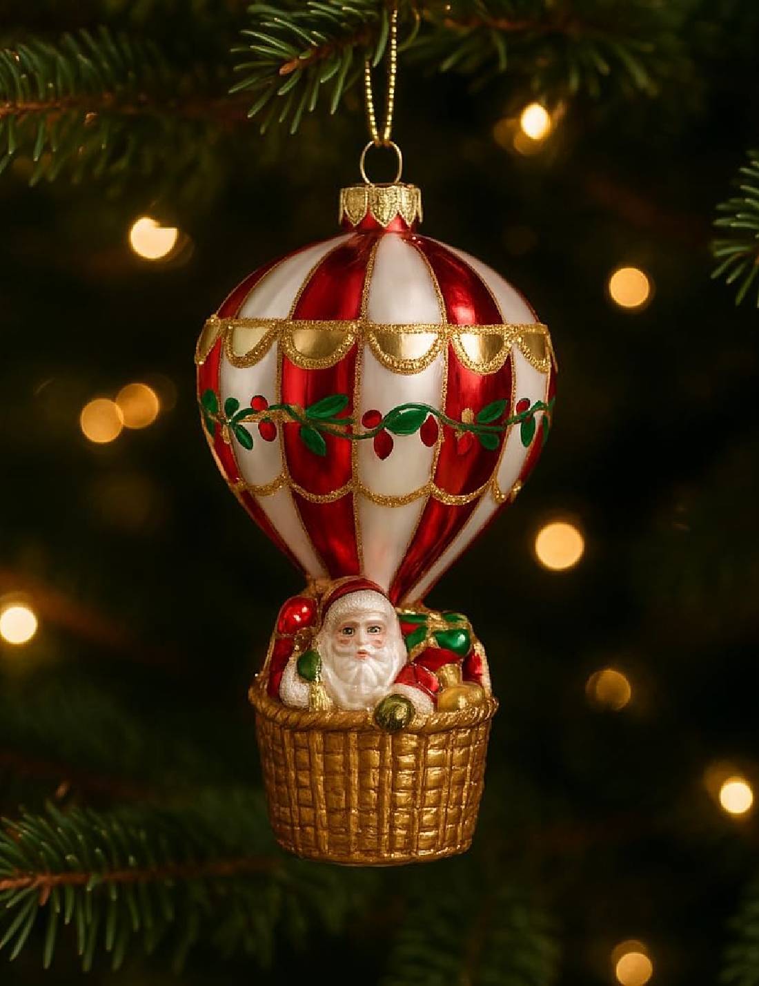 Addobbo Albero Di Natale In Vetro Mongolfiera Con Babbo Natale 16cm