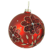 Pallina Albero Di Natale In Vetro Rossa Con Fiori Rossi Glitterati 10cm