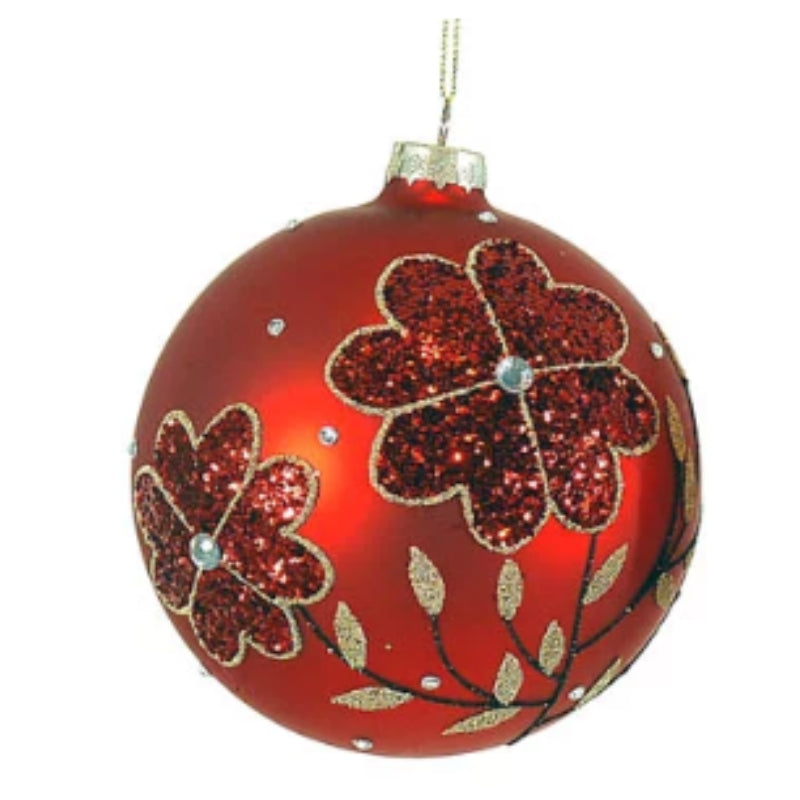 Pallina Albero Di Natale In Vetro Rossa Con Fiori Rossi Glitterati 10cm