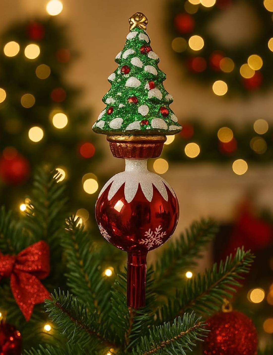 Puntale Albero Di Natale In Vetro Con Alberello Decorativo 29cm