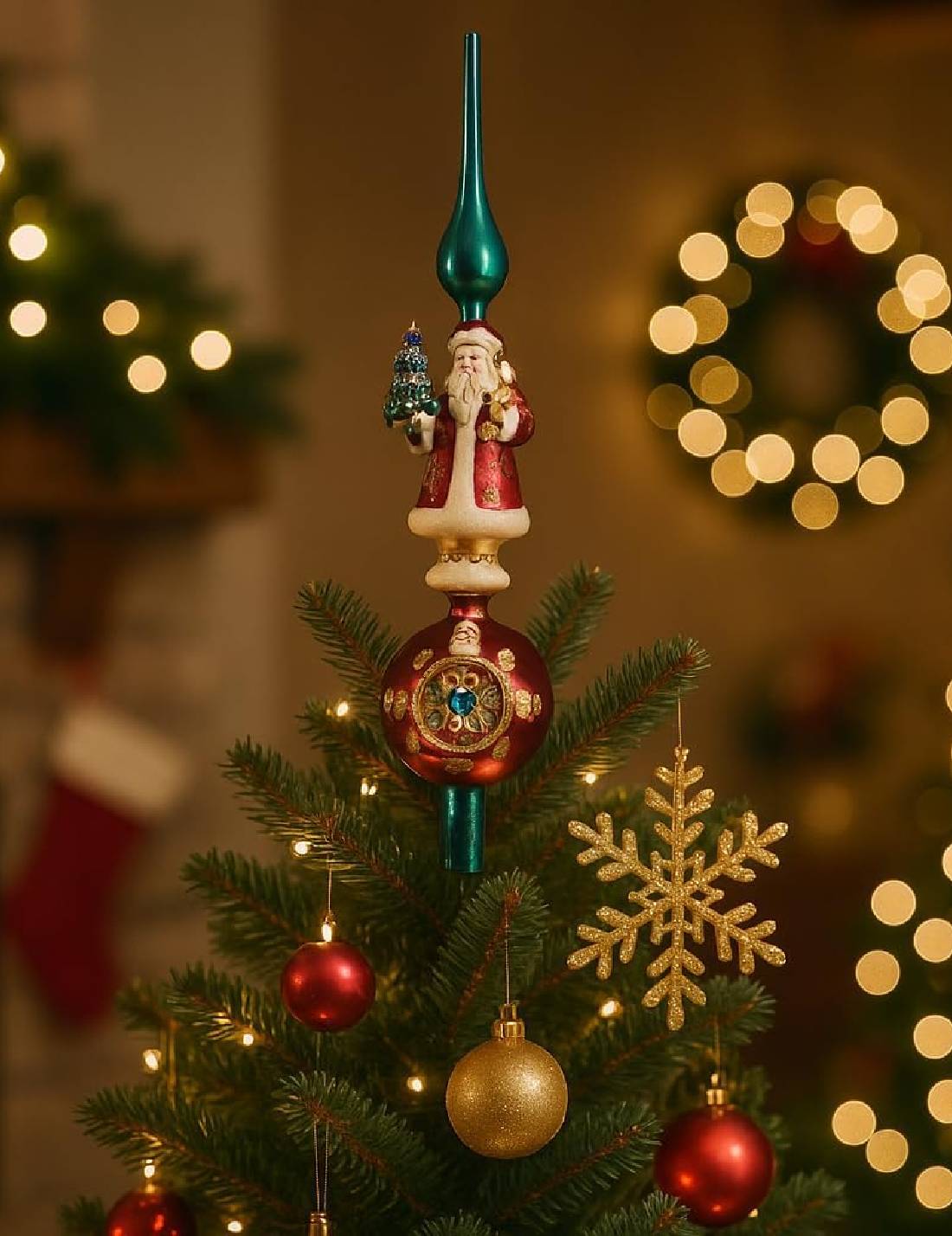 Puntale Albero Di Natale In Vetro Con Babbo Natale 40cm
