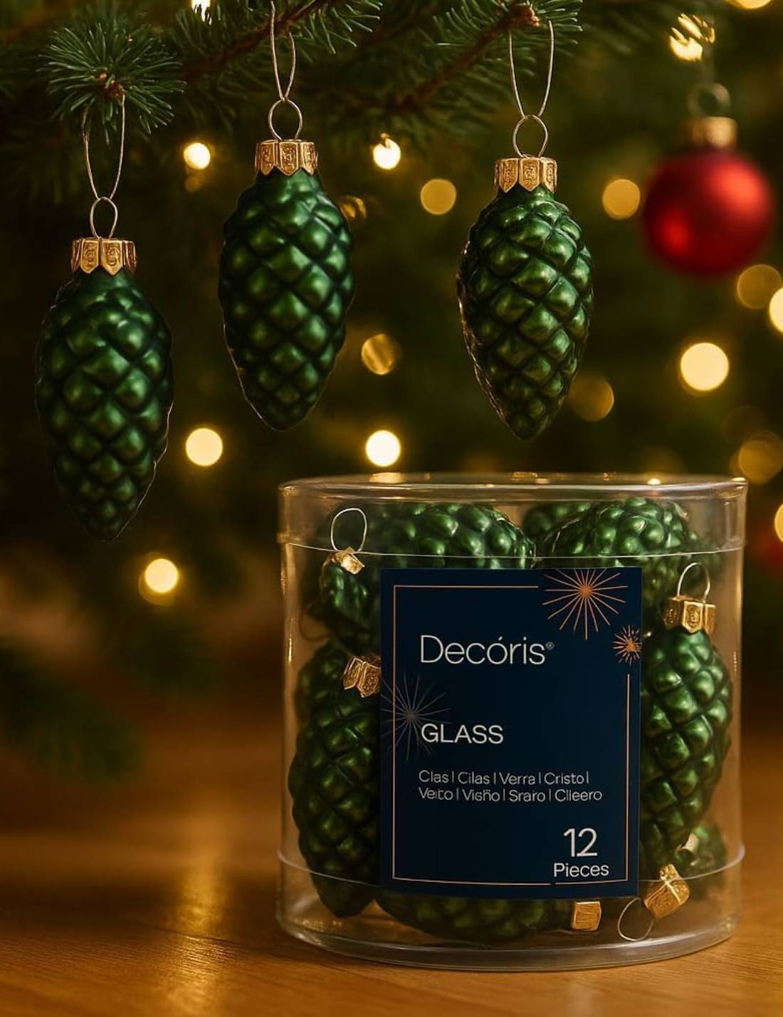 Set 12pz Palline Albero Di Natale Pigna Verde Pino 6cm