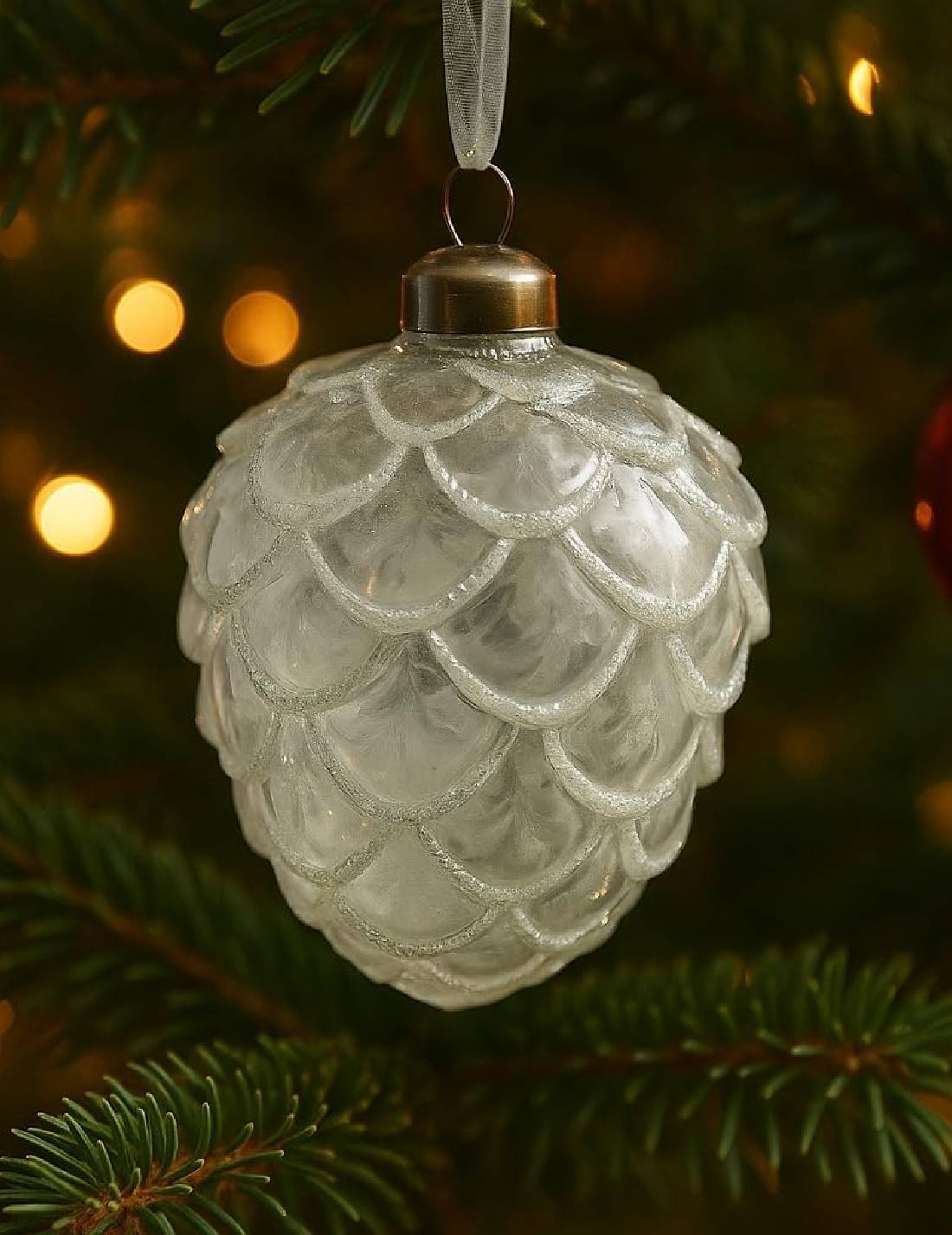Addobbo Albero Di Natale In Vetro Pigna Bianca Glitterata 10cm