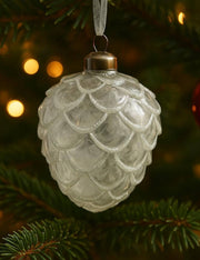 Addobbo Albero Di Natale In Vetro Pigna Bianca Glitterata 10cm