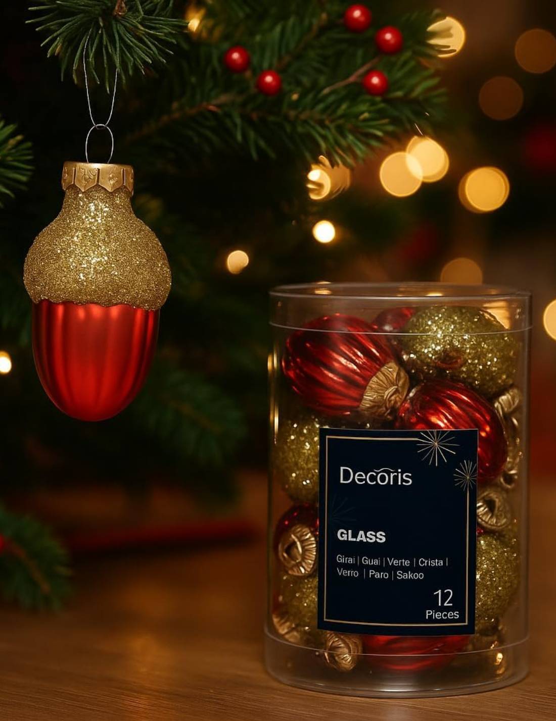 Set 12pz Palline Albero Di Natale Ghianda Rossa 4cm